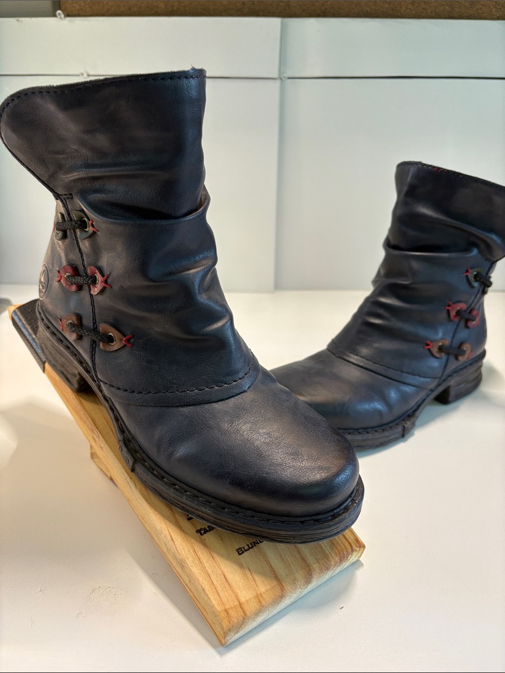 Rieker Navy Vegan Ankle Boots with Red, Green and Camel Accents